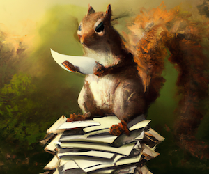 squirrel grading essays, AI-generated using DALL·E